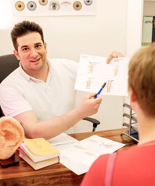 Chiropraktiker Metin Kenan Sisik erklärt einer Patientin in seiner Praxis in Ulm anhand von Grafiken und Modellen die Ursachen ihrer Beschwerden.